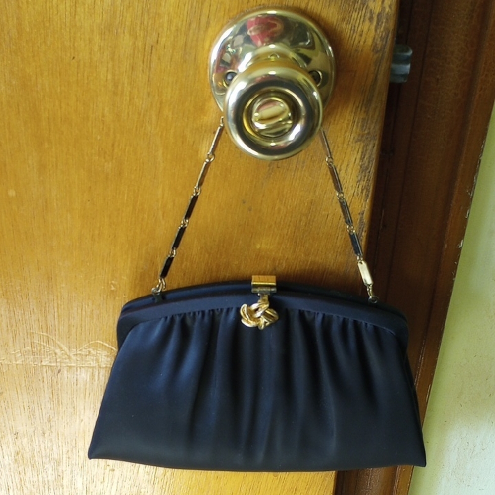 Harry Levine Black Satin Clutch Purse, Gold Hardware & Chain, Pocket, Neutral